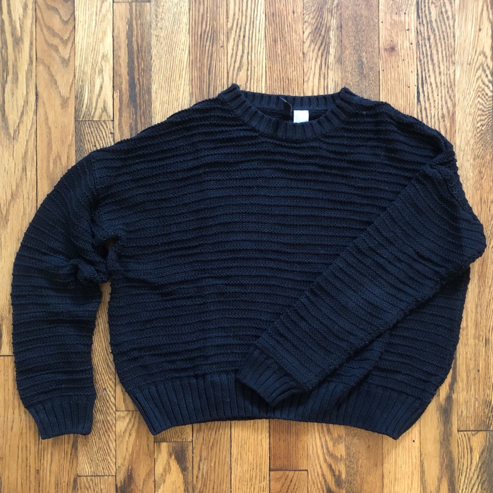 Soft black ribbed crew neck sweater